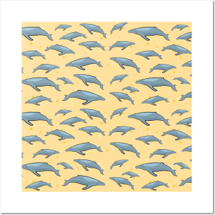 Blue Whale Pattern on Bright Yellow Background Posters and Art